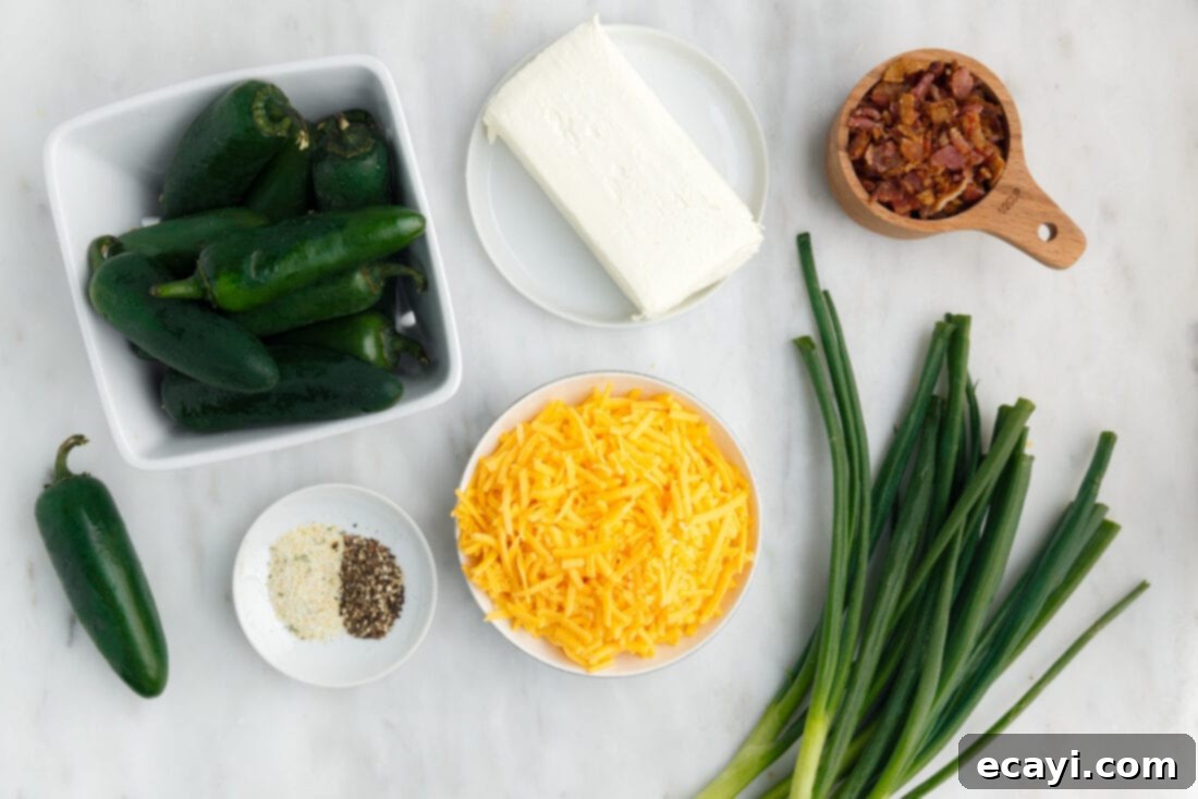 Golden Jalapeño Delights 4 A vibrant selection of fresh ingredients including jalapenos, cheeses, bacon, and green onions