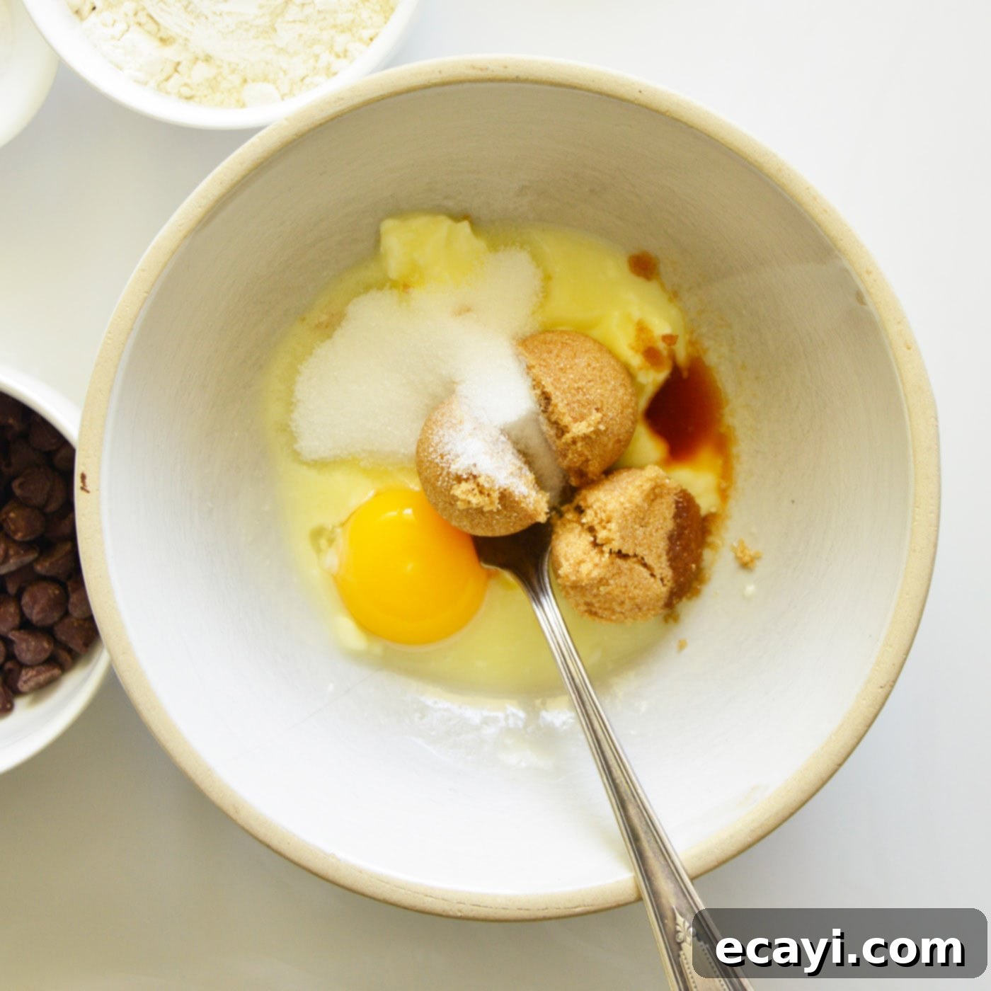Sweet Duet: Chocolate Chip Cookies 5 egg yolk, butter, brown sugar, granulated sugar and vanilla in a mixing bowl