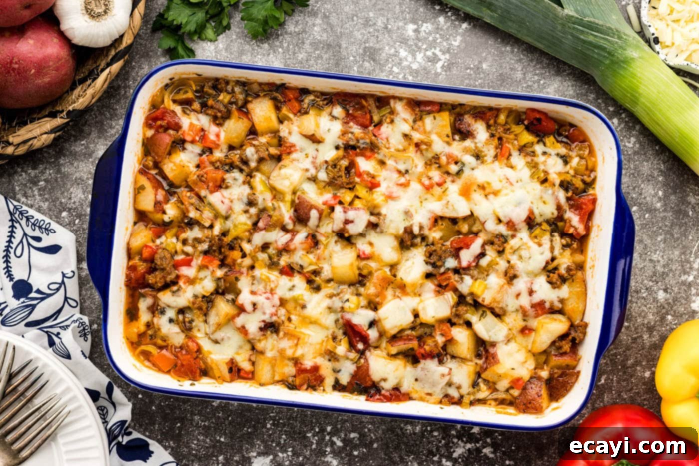 Hearty Sausage and Potato Bake 10 baked cheesy sausage and potato casserole overhead