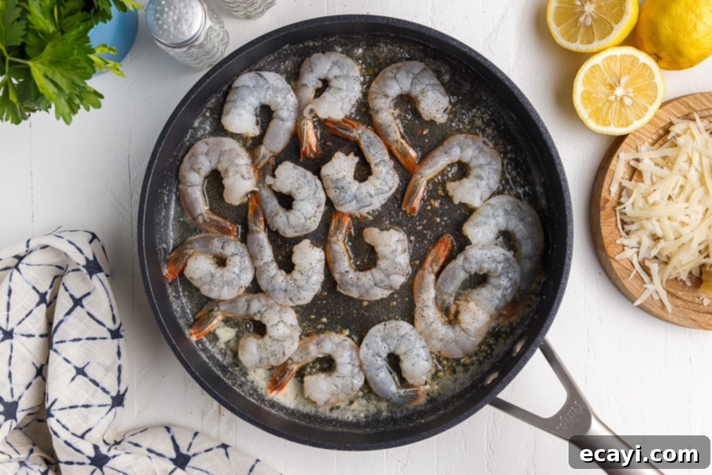 Creamy Garlic Shrimp Pasta 8 Raw Shrimp Searing in a Hot Skillet