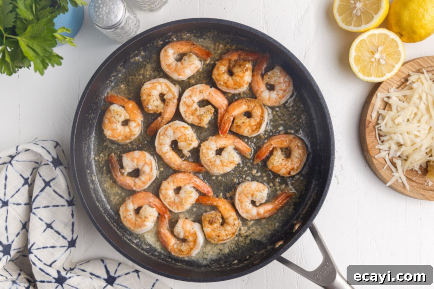 Creamy Garlic Shrimp Pasta 9 Perfectly Cooked Jumbo Shrimp in a Skillet