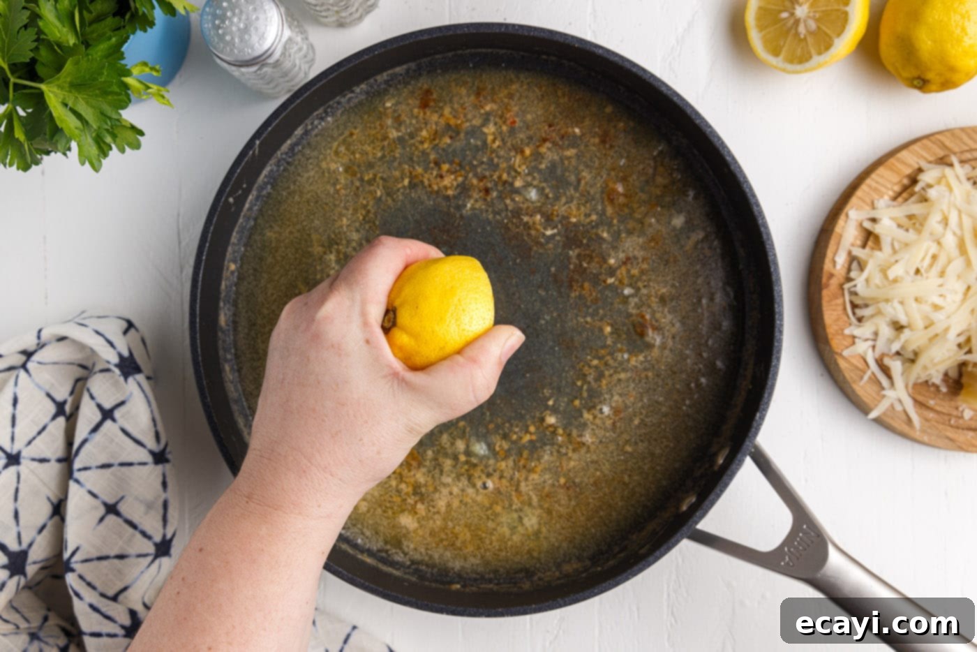 Creamy Garlic Shrimp Pasta 10 Melted Butter and Lemon Juice in a Skillet