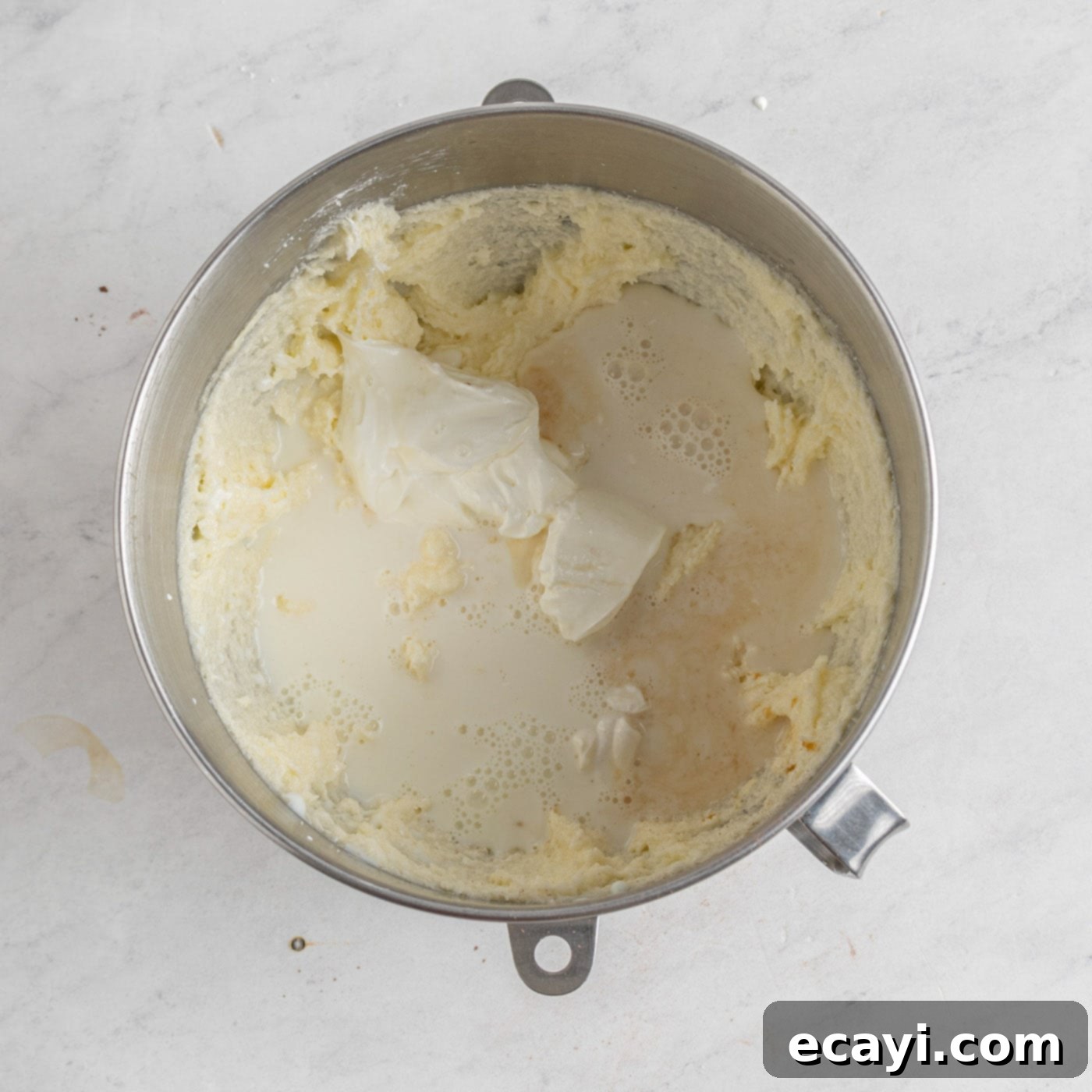 Rich Chocolate Pound Cake 6 pound cake batter in a mixer bowl