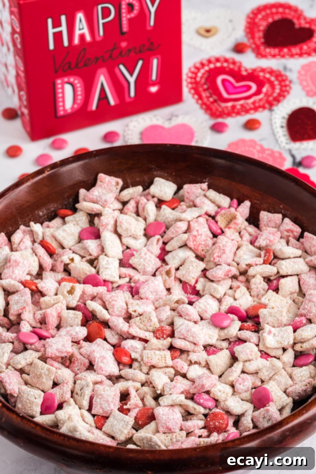 Sweetheart Muddy Buddies 2 Valentine Muddy Buddies in a bowl, ready to be enjoyed
