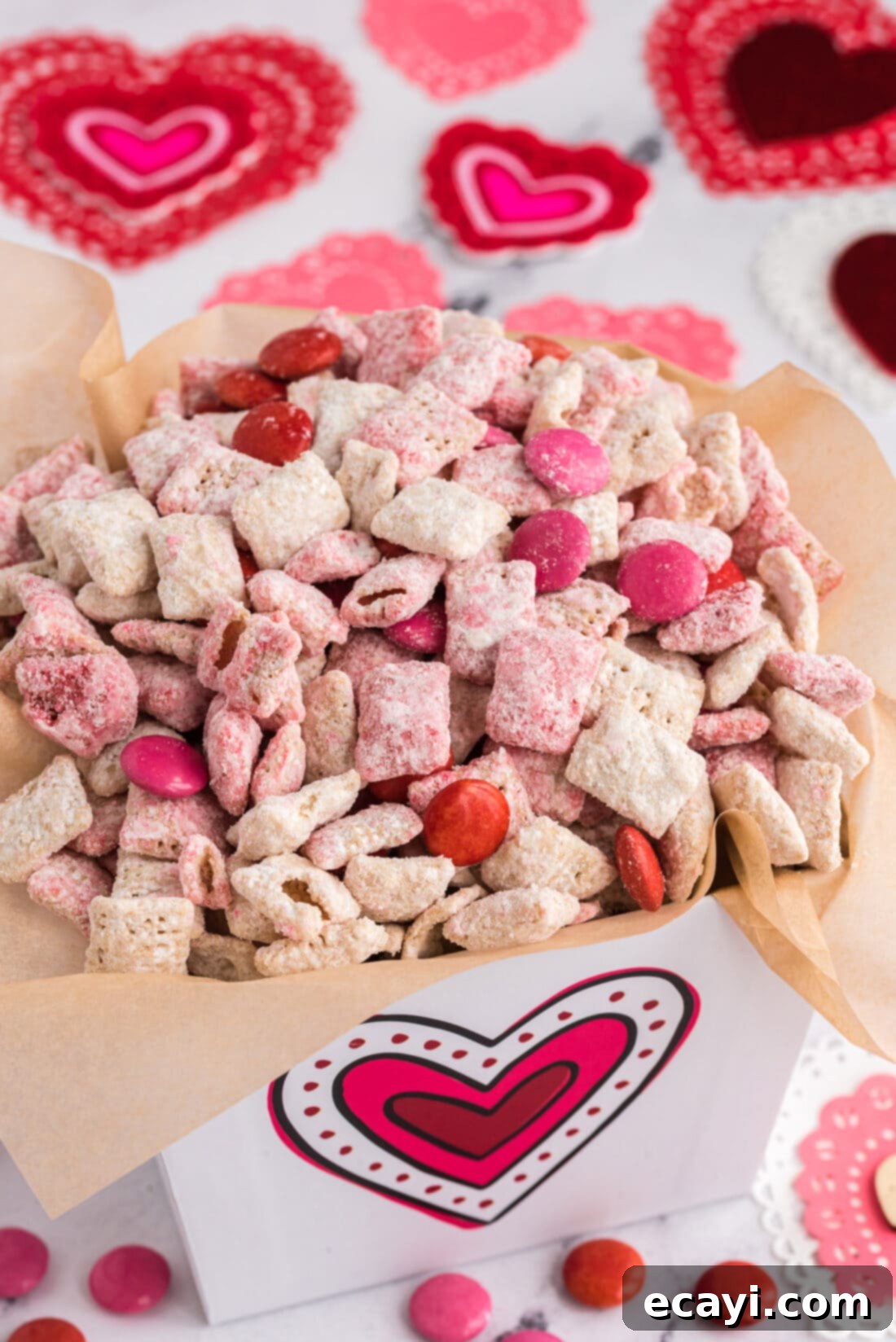 Sweetheart Muddy Buddies 3 Valentine Muddy Buddies displayed in a cute gift box