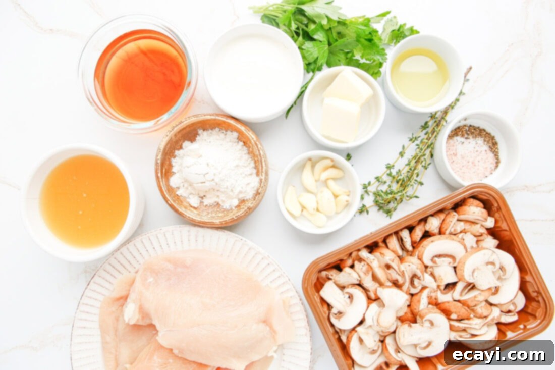 Savory Chicken Marsala 4 All ingredients for Chicken Marsala laid out on a wooden board