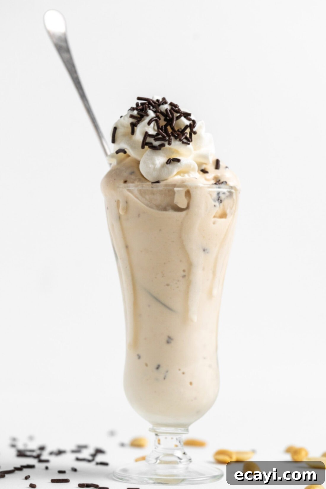 Peanut Butter Chocolate Chip Dream 3 Sundae glass filled with Peanut Butter Chocolate Chip Ice Cream, garnished with toppings