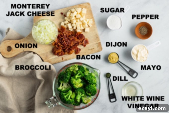 Crunchy Broccoli Delight 2 labeled ingredients for broccoli salad