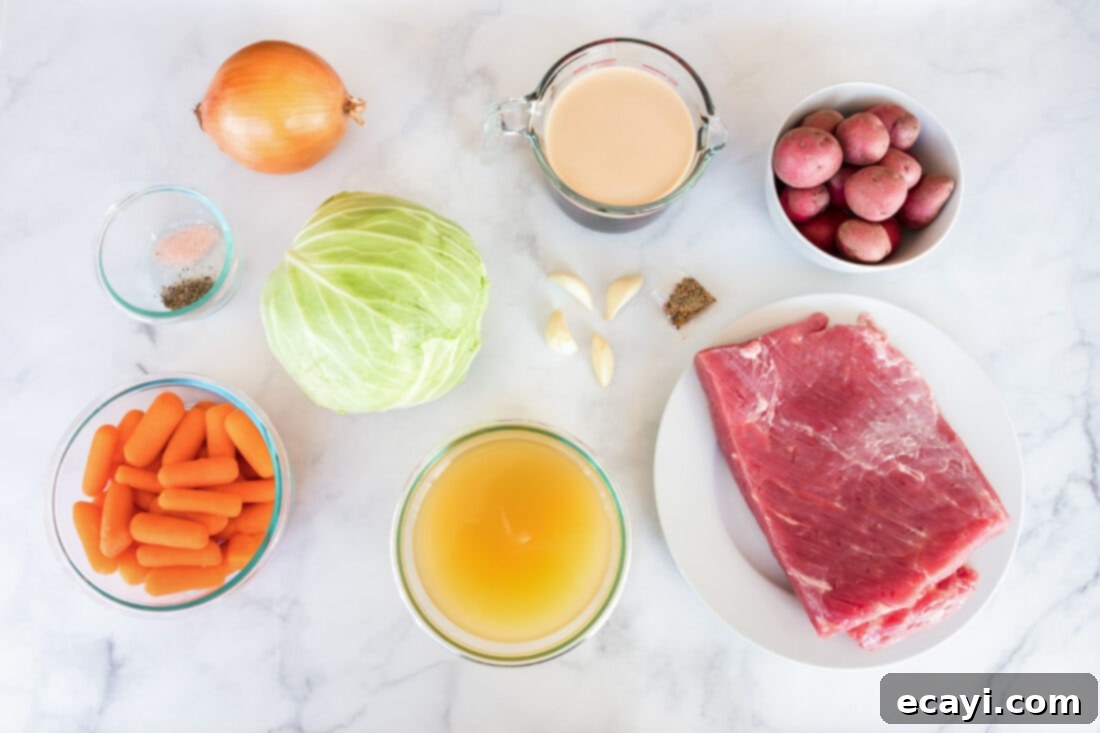 Tender Instant Pot Corned Beef 4 Various ingredients for Instant Pot Corned Beef laid out on a wooden surface, including brisket, vegetables, and beer.