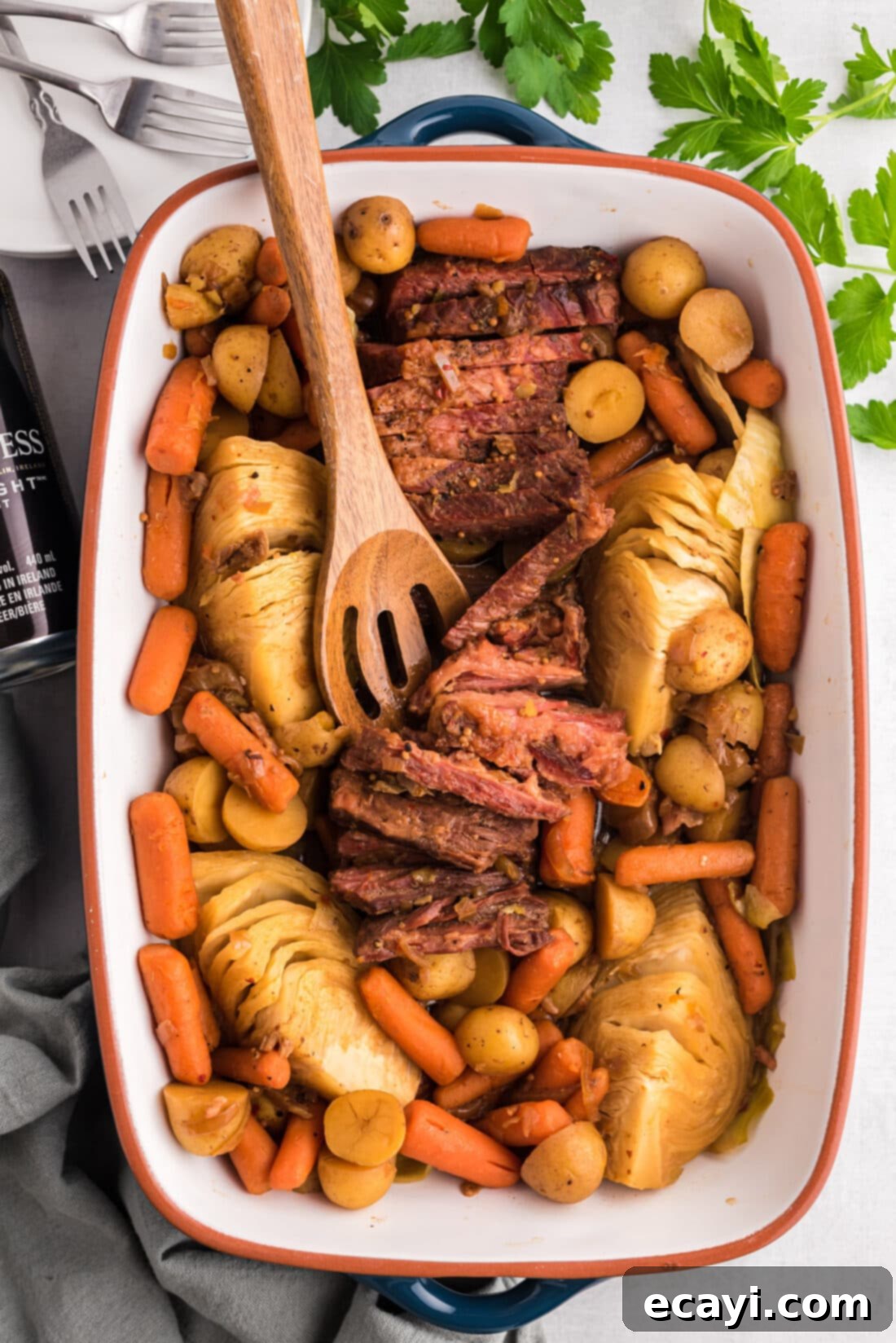 Slow-Cooked Tender Corned Beef 3 Crockpot Corned Beef in a baking dish