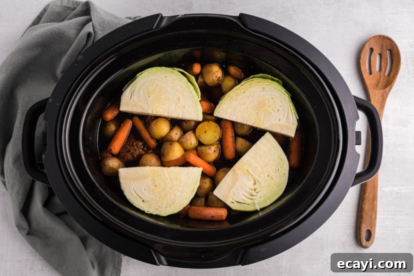 Slow-Cooked Tender Corned Beef 9 cabbage in crockpot with corned beef