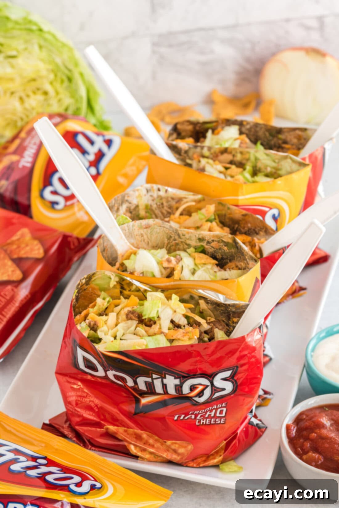 Portable Taco Crunch 3 Variety of Walking Tacos in different chip bags like Doritos and Fritos