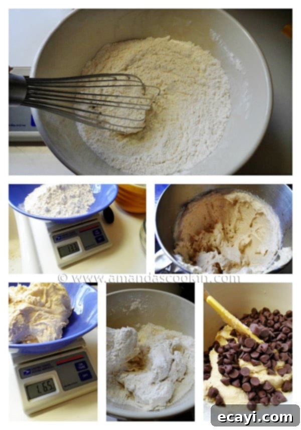 Double Stack Chocolate Chip Cookies A high-angle photo showing the steps for making double stack chocolate chip cookies, including measuring ingredients and mixing dough.