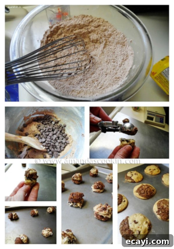 Double Stack Chocolate Chip Cookies A photo illustrating the process of combining two different cookie doughs on a baking sheet before baking.