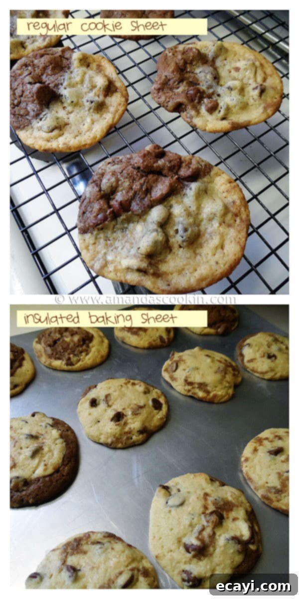 Double Stack Chocolate Chip Cookies A close up photo of six freshly baked double stack chocolate chip cookies on an insulated baking sheet.