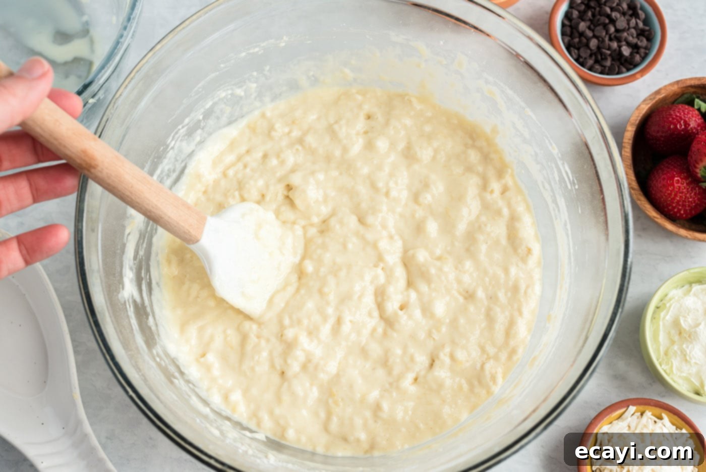 Fluffy Cottontail Stacks 8 rubber spatula stirring buttermilk pancake batter