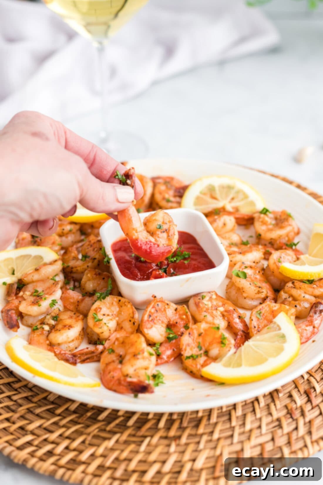 Shrimp Sauté 3 dipping shrimp in cocktail sauce