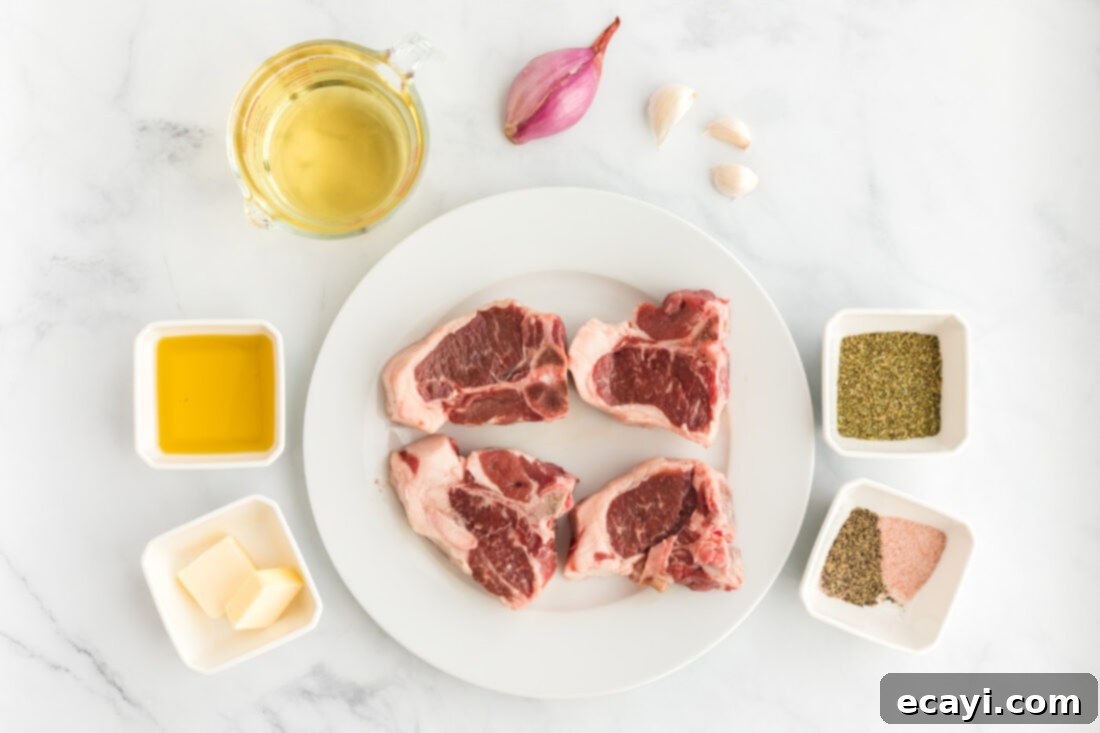 Succulent Herb-Crusted Lamb Chops 4 A collection of ingredients for making lamb chops, including lamb, olive oil, spices, and wine
