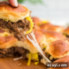 Slow Cooker Mississippi Pot Roast Sliders 12 Mississippi Pot Roast Sliders, a close-up of the delicious filling.