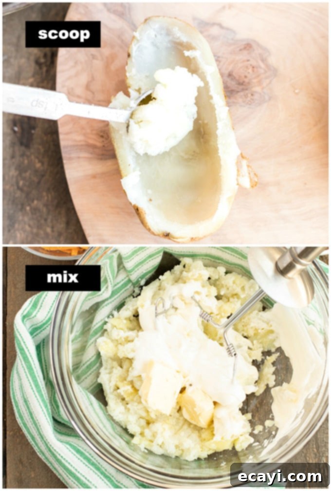 Stuffed Potato Delights 2 A spoon carefully scooping soft potato flesh from a halved russet potato, leaving a thin border inside the skin.
