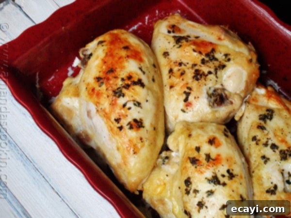 Golden Roasted Chicken Breasts with Crispy Skin A close up photo of golden roasted chicken breasts in a red roasting pan, perfectly roasted with crispy skin and herbs.