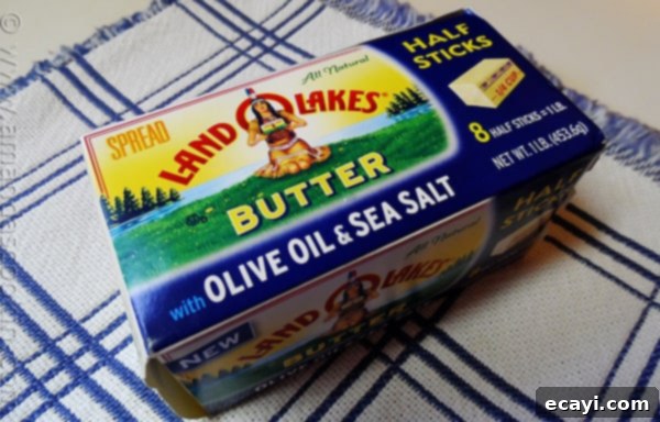 Land O'Lakes Olive Oil & Sea Salt Butter A close up photo of a package of Land O'Lakes Butter with Olive Oil and Sea Salt, an ideal ingredient for this recipe.