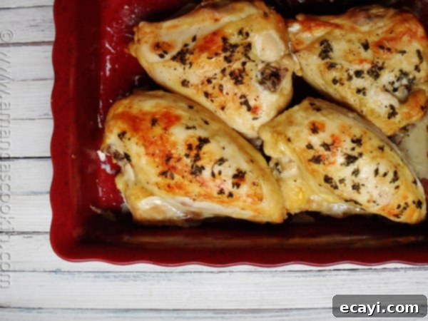 Classic Golden Roasted Chicken Breasts An overhead photo of perfectly golden roasted chicken breasts, glistening with butter and seasonings, in a red roasting pan.