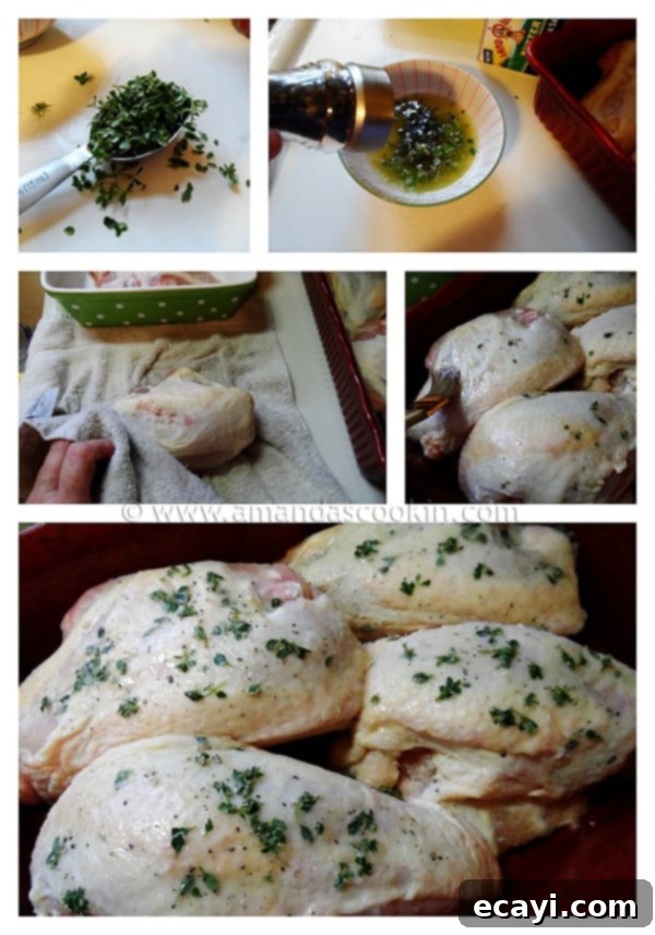 Chicken Breasts Ready for Roasting Golden Roasted Chicken Breasts, prepared for the oven, topped with fresh lemon thyme leaves and seasoned.