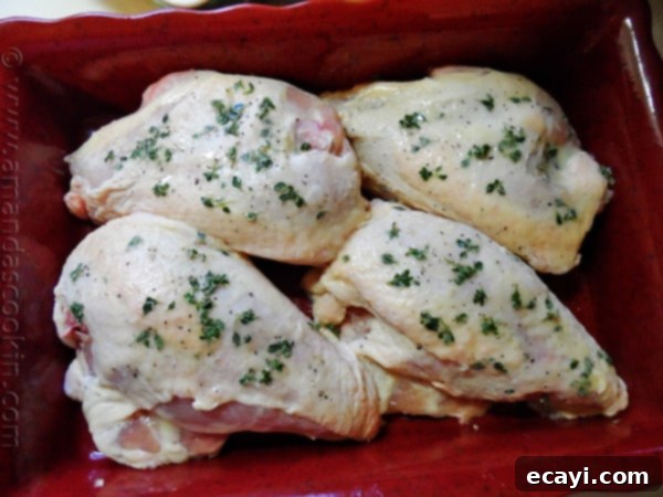Seasoned Chicken with Lemon Thyme Ready for Oven An overhead photo of chicken breasts in a red roasting pan, artfully topped with fresh lemon thyme leaves, ready for baking in the oven.