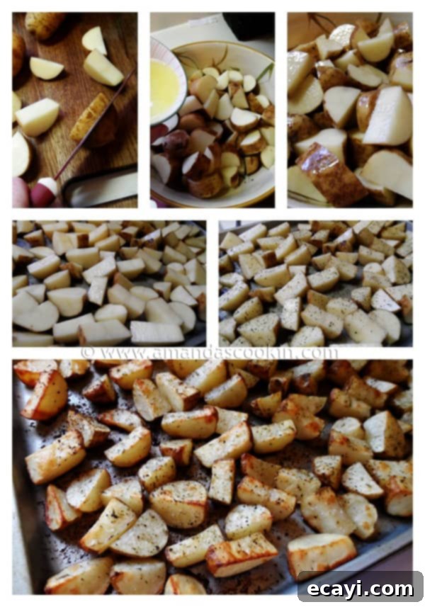 Roasted Chicken and Potatoes Dinner Golden Roasted Chicken Breasts served alongside crispy, perfectly seasoned roasted potatoes, making a complete meal.