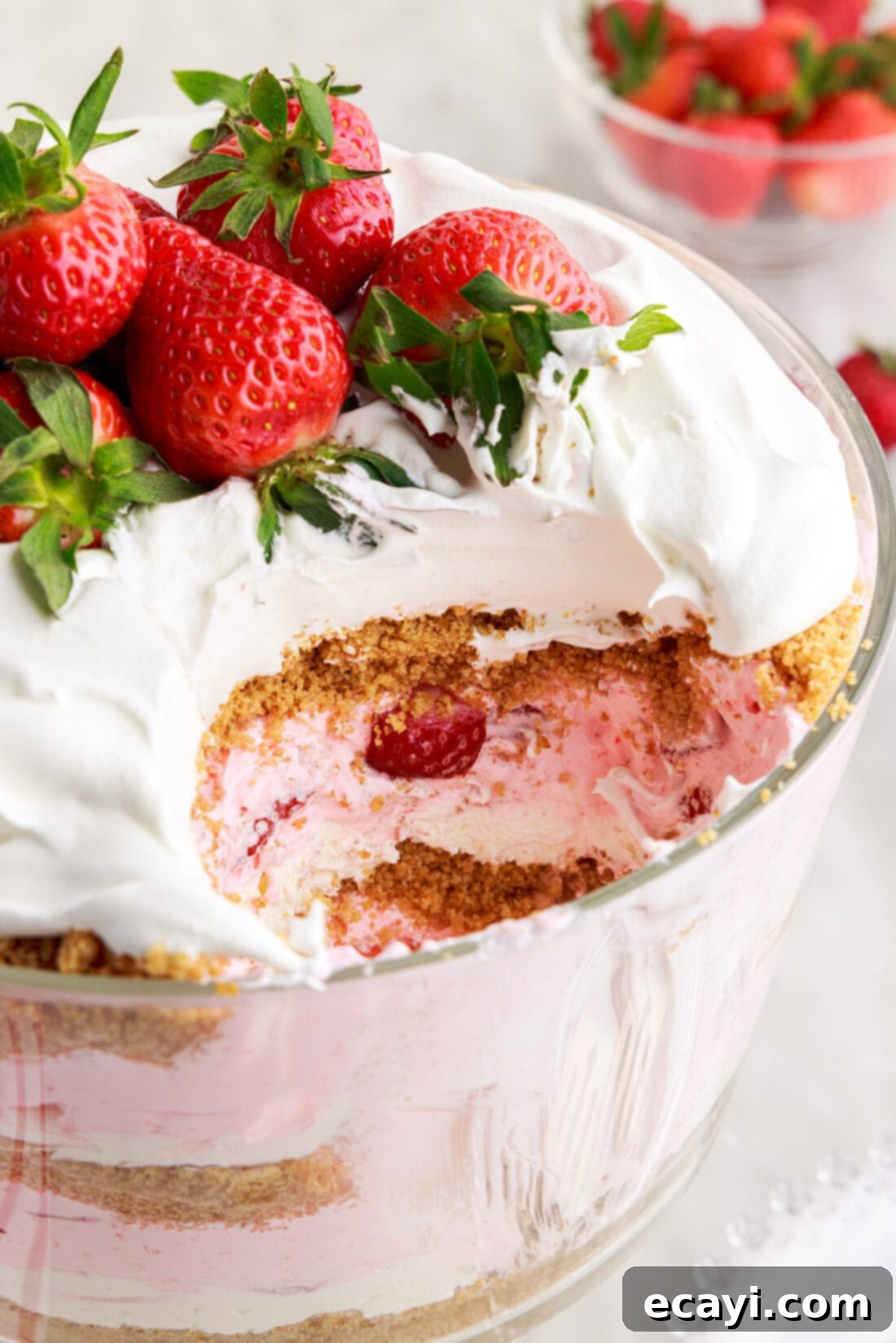 Strawberry Tiered Trifle 17 Strawberry Lasagna Trifle with spoon full removed