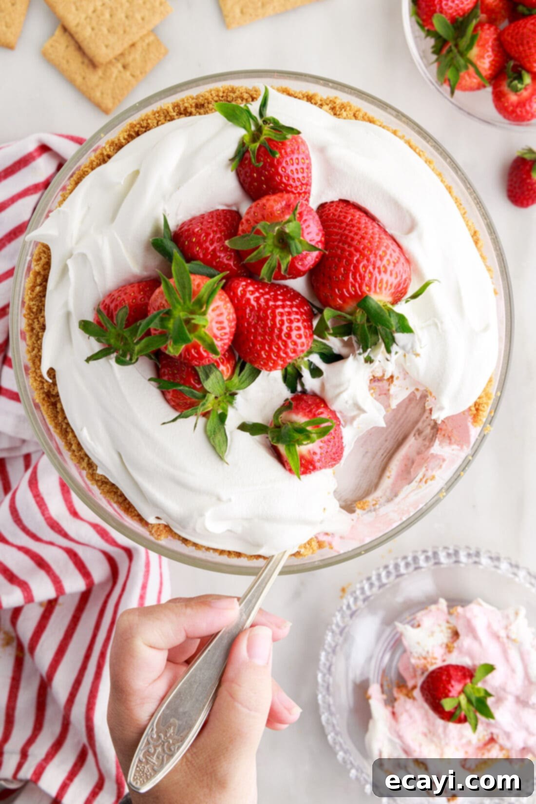 Strawberry Tiered Trifle 3 over head view of trifle with a spoonful removed