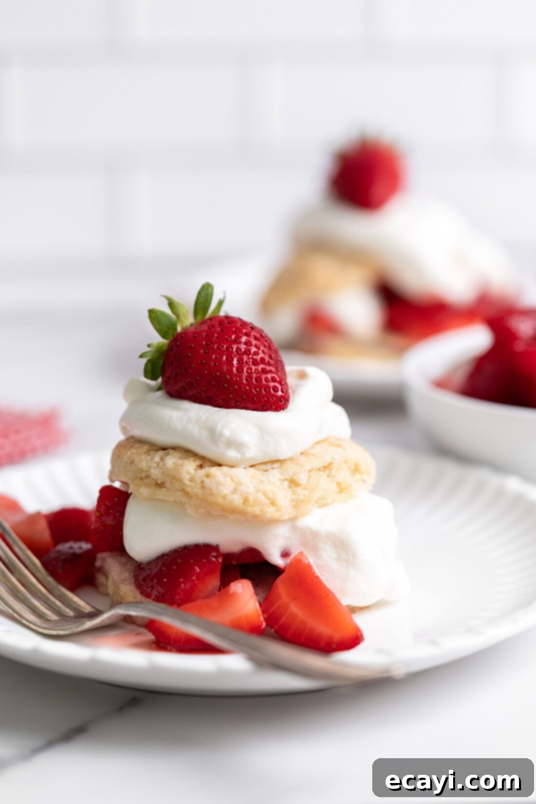Garden Fresh Strawberry Shortcake 2 Delicious Homemade Strawberry Shortcakes on a plate, ready to be enjoyed
