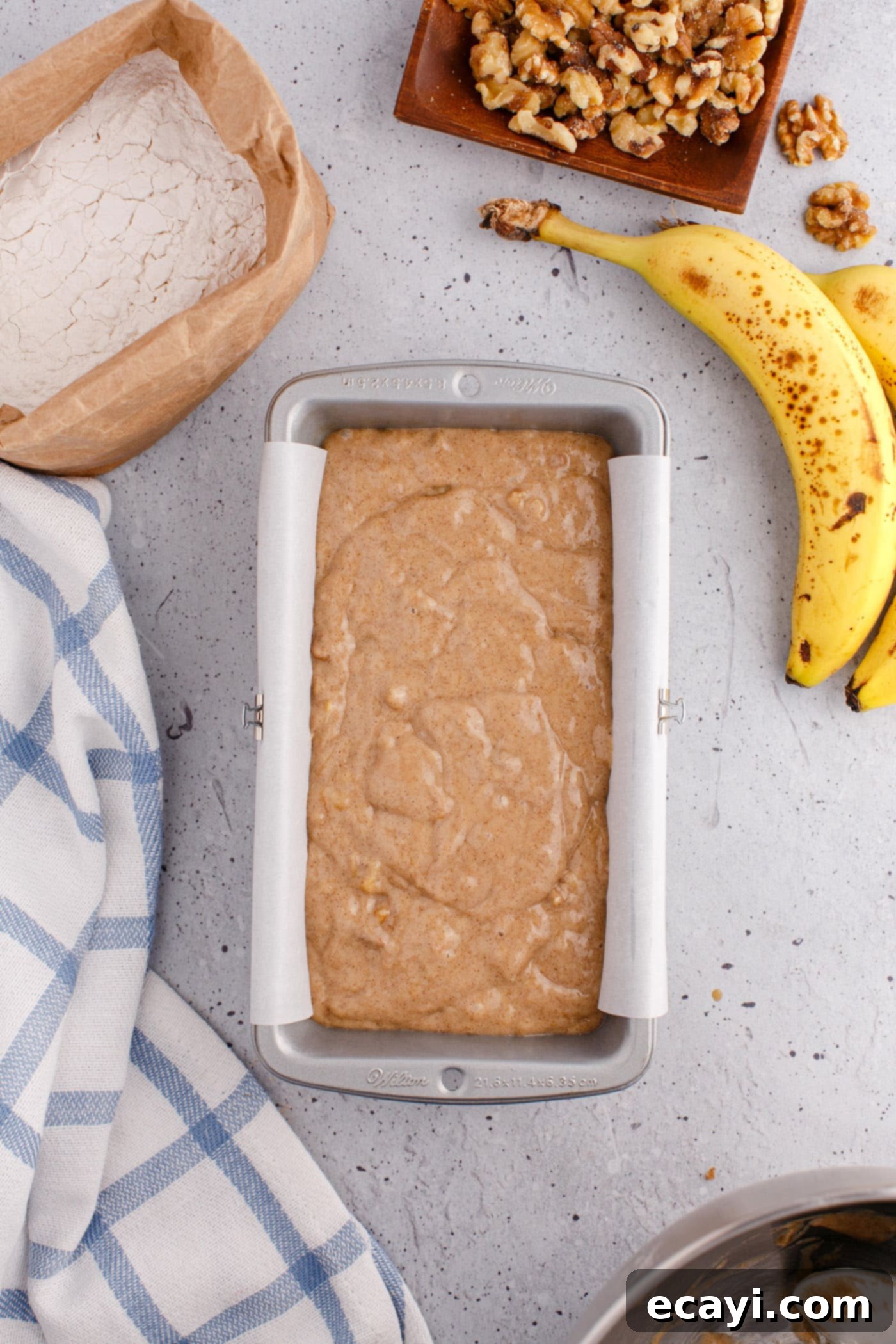 Homestyle Banana Nut Delight 10 banana bread batter in a loaf pan