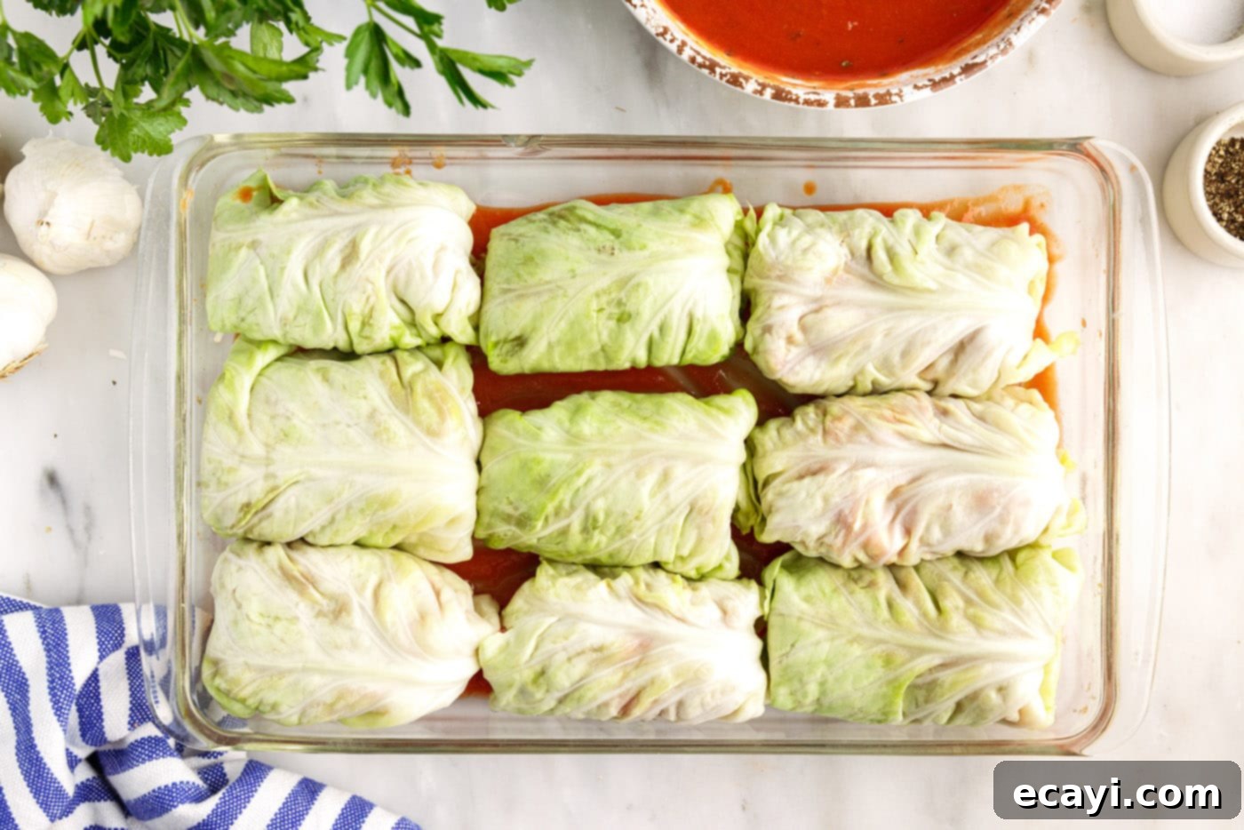 Stuffed Cabbage Delights 11 cabbage rolls in a baking dish