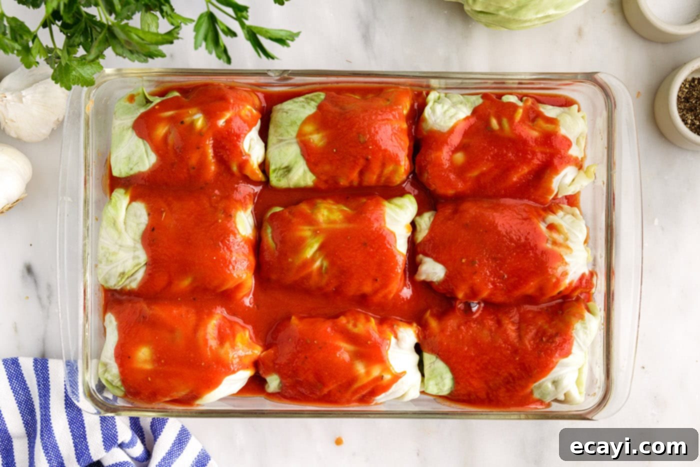 Stuffed Cabbage Delights 12 tomato sauce on top of cabbage rolls