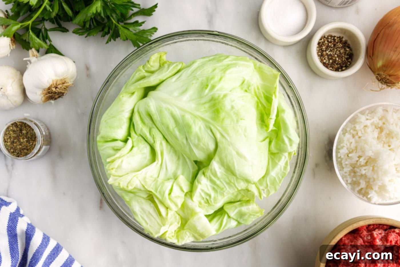 Stuffed Cabbage Delights 5 cabbage leaves in a bowl