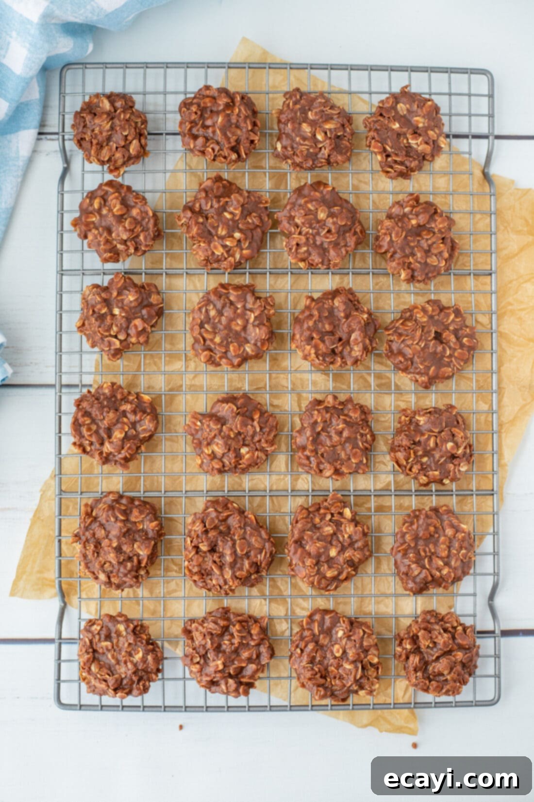 Quick Chocolate No-Bake Delights 3 Cooling rack filled with homemade Chocolate No-Bake Cookies