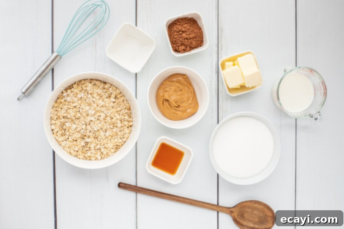 Quick Chocolate No-Bake Delights 4 Collection of ingredients for Chocolate No Bake Cookies, including oats, peanut butter, sugar, cocoa, milk, butter, vanilla, and salt