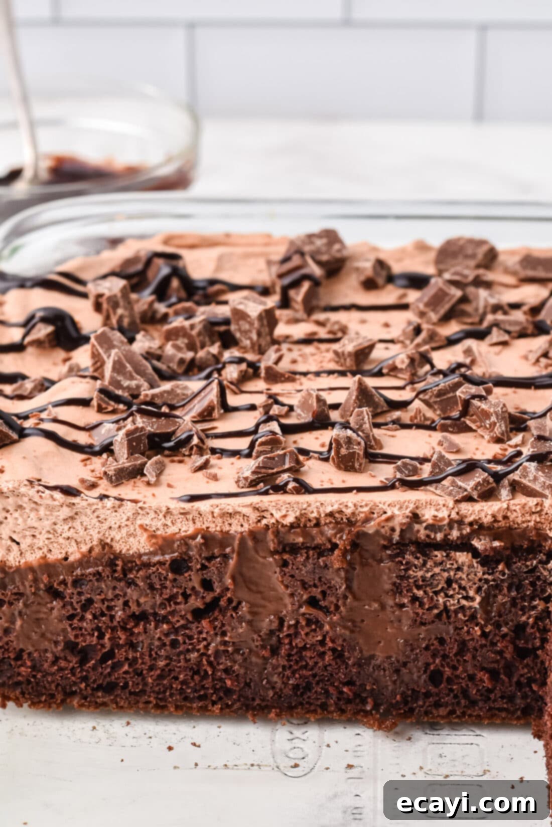 Decadent Chocolate Infusion Cake 3 Full pan of moist triple chocolate poke cake, freshly baked and topped