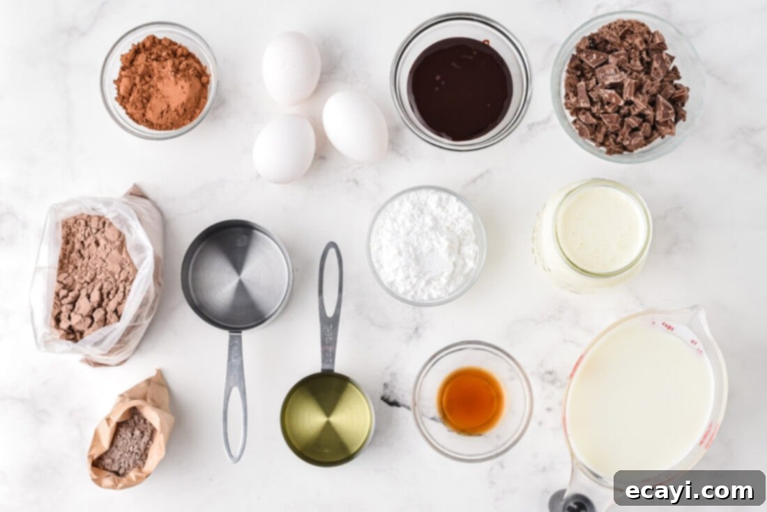 Decadent Chocolate Infusion Cake 4 Chocolate Poke Cake ingredients laid out on a table