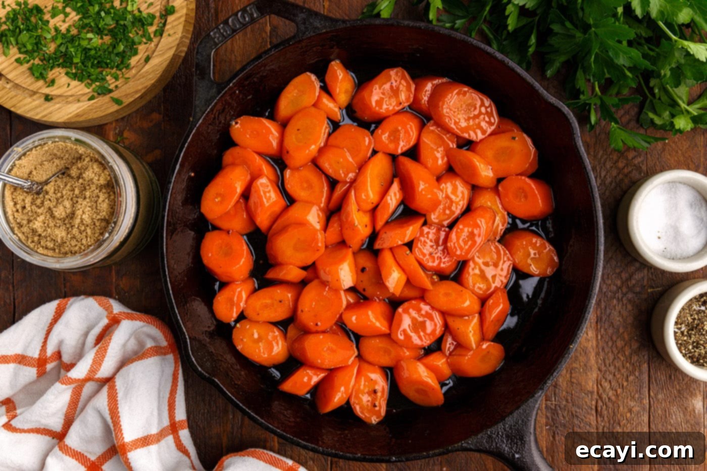 Sweet Glistening Carrots 8 glazed carrots on the stovetop
