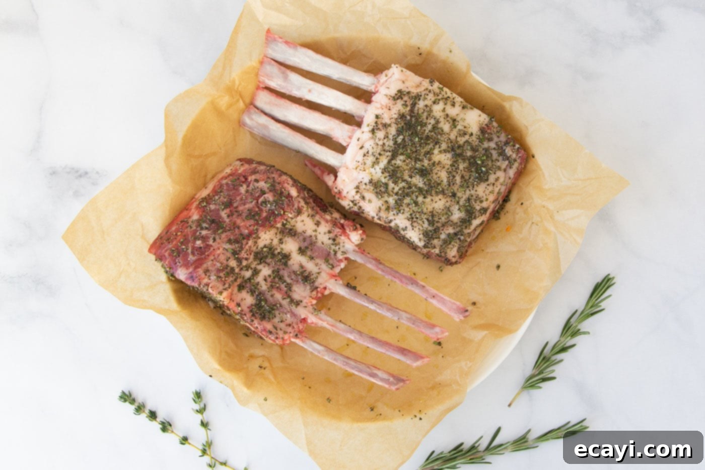 The Butcher's Crown 5 Two racks of lamb marinating in a glass dish with fresh herbs.