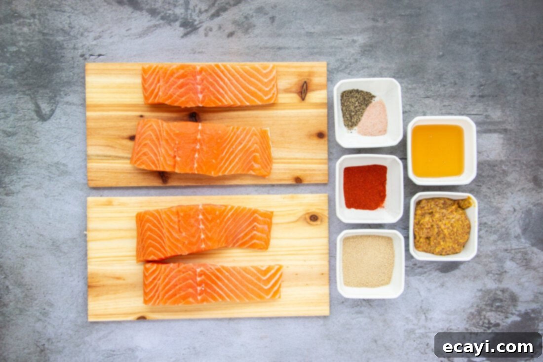 Smoky Cedar Plank Salmon 4 Fresh ingredients for Cedar Plank Salmon: salmon filets, stone ground mustard, honey, brown sugar, smoked paprika, salt, pepper