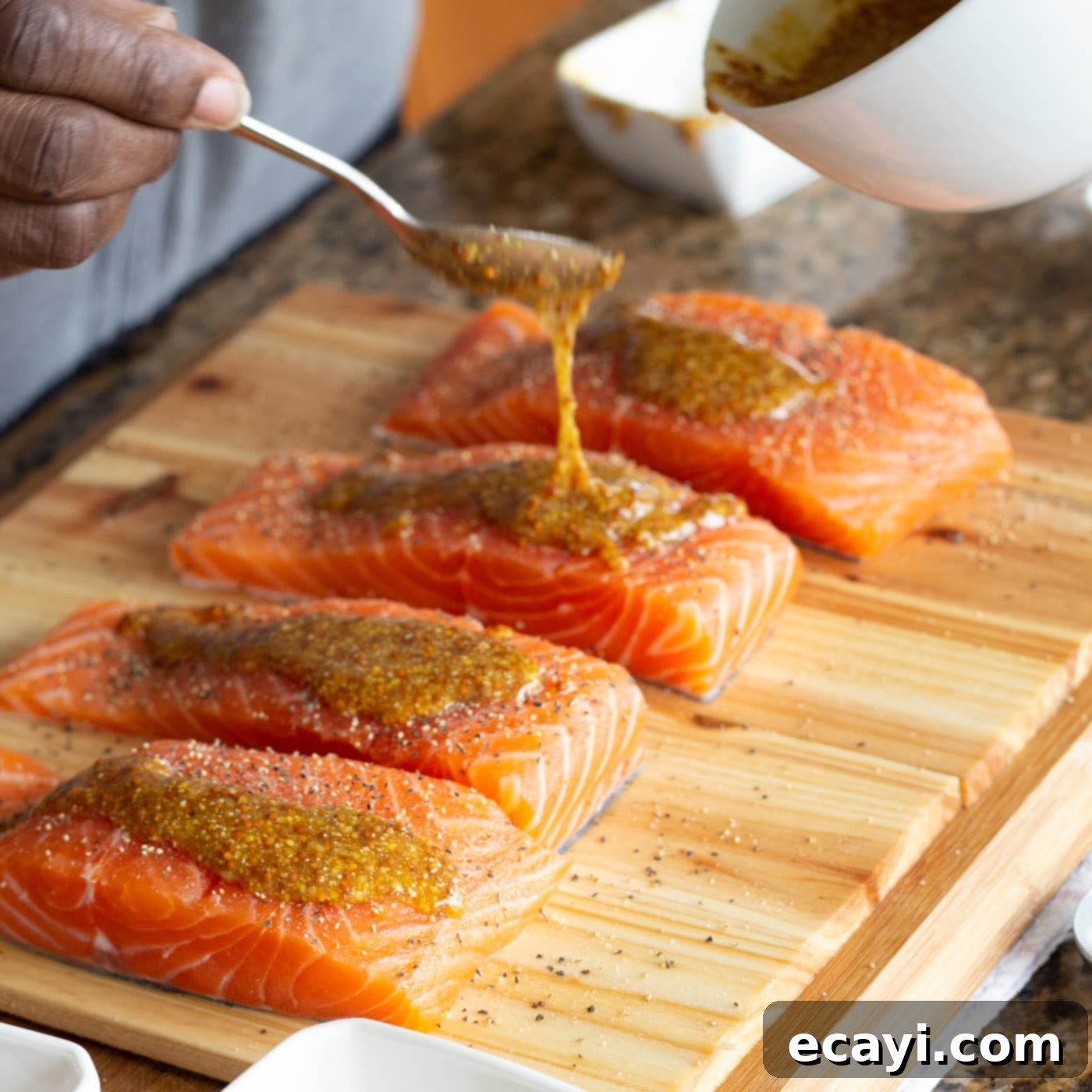 Smoky Cedar Plank Salmon 6 Mixing bowl with stone ground mustard, honey, and brown sugar for the salmon glaze