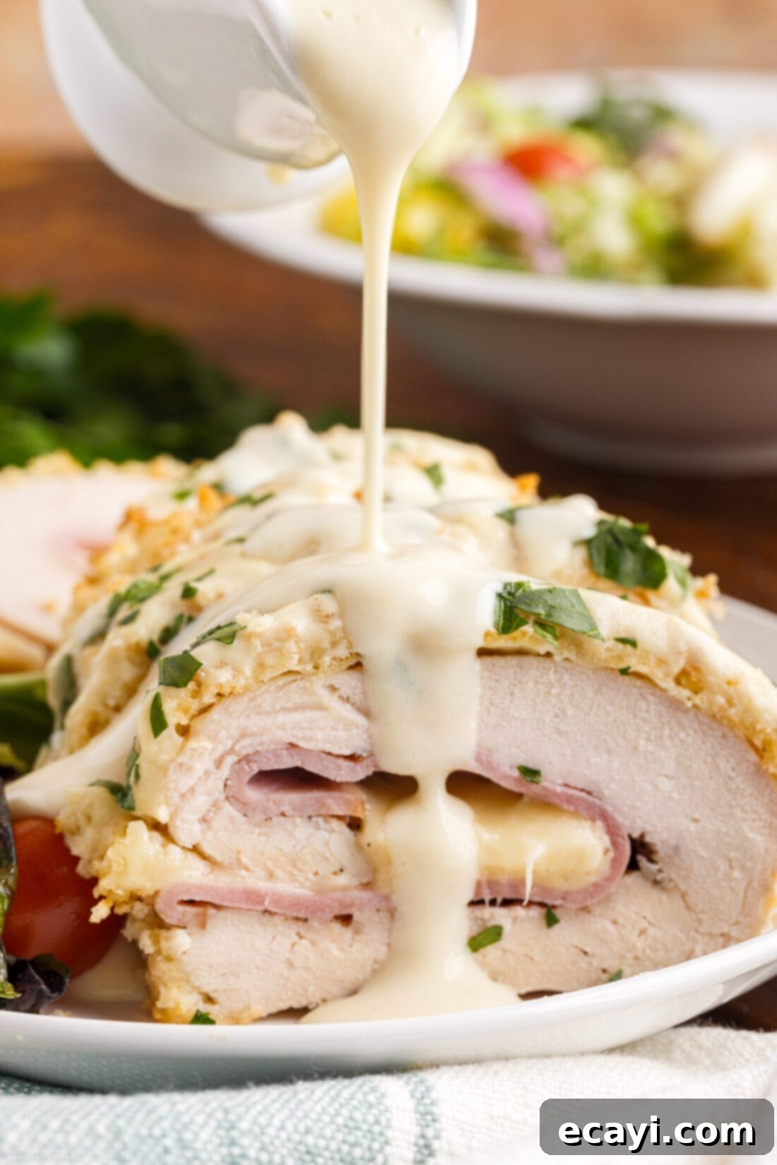 Gourmet Stuffed Chicken Rolls 2 Baked Chicken Cordon Bleu drizzled with creamy dijon sauce, ready to serve