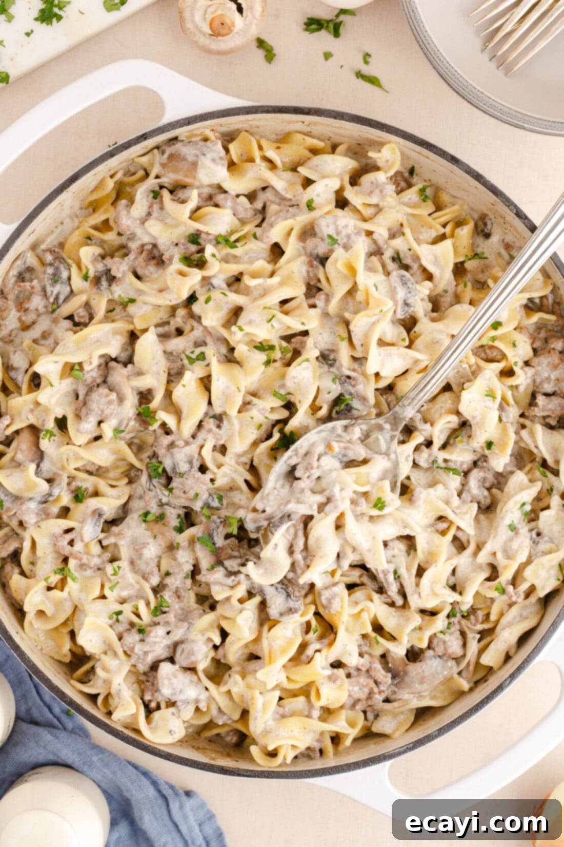 Creamy Ground Beef Stroganoff 2 Overhead photo of a skillet filled with creamy Ground Beef Stroganoff and egg noodles, garnished with fresh parsley.