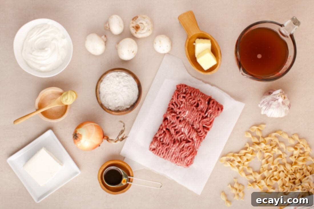 Creamy Ground Beef Stroganoff 4 A collage of ingredients for Ground Beef Stroganoff, including ground beef, mushrooms, onions, garlic, broth, and dairy.