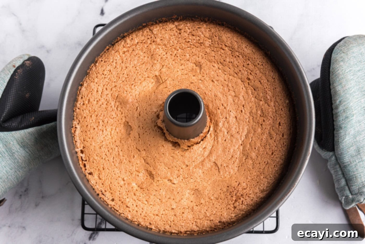 Heavenly Homemade Angel Food Cake 11 Freshly baked angel food cake in a tube pan