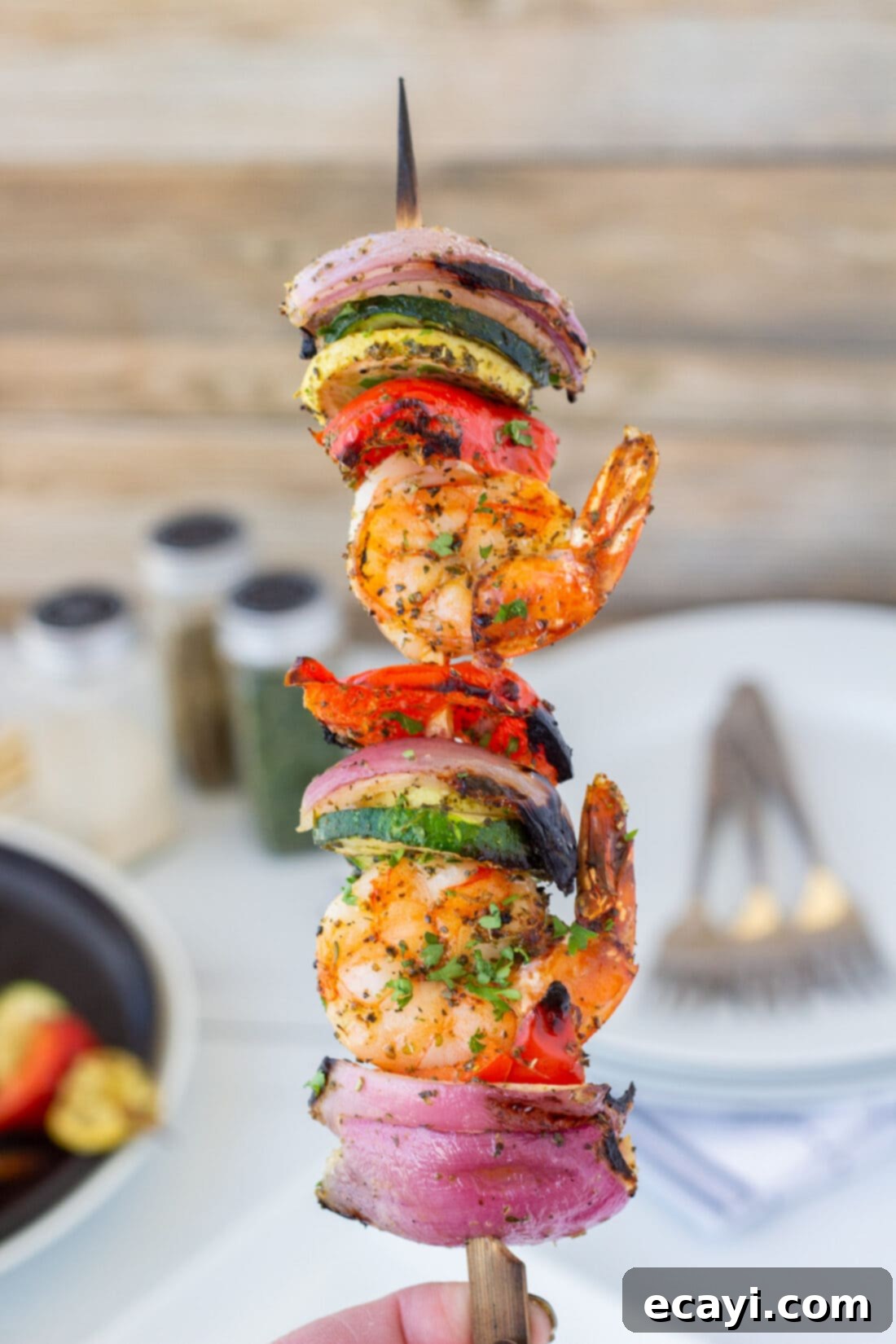 Garlic Herb Shrimp Skewers 2 Shrimp Kabob with seasonings in the background
